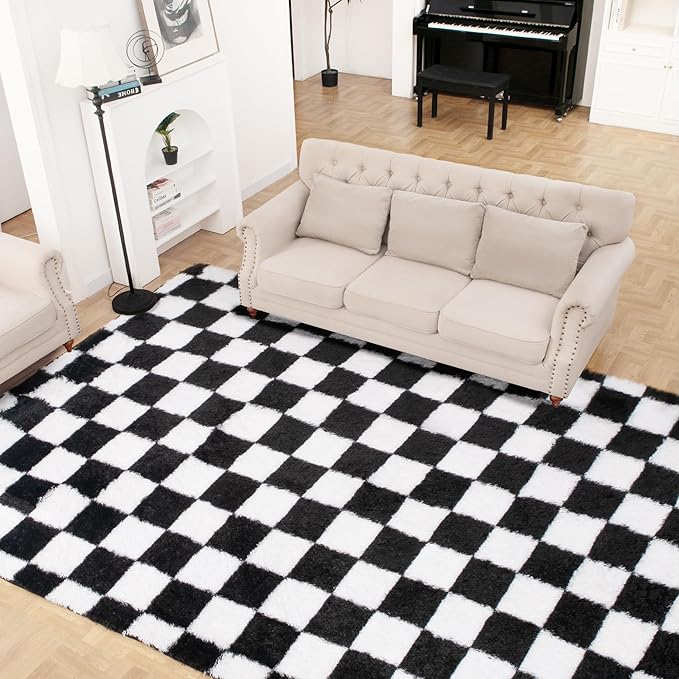 Super Soft Rug for Bedroom, 8x10 Ft Black and White Area Rug Classic Checkered Shaggy Anti-Skid High Pile Soft Fluffy Rug Fuzzy Carpet for Living Room Bedroom Kids Room Nursery, Dorm Home Decor
