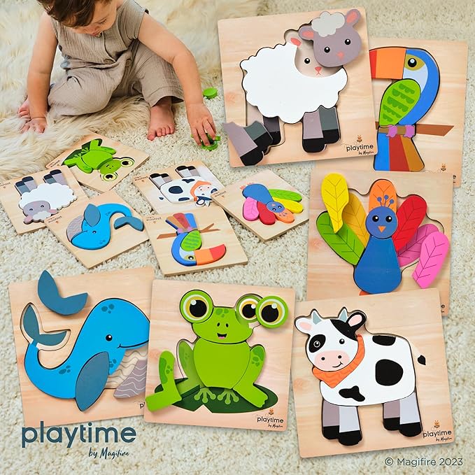 MAGIFIRE Wooden Puzzles for Toddlers 1-3 - 6-Pack Multicolor Cartoon Animal Puzzle Set - Large Easy-Grip Pieces for Small Hands with Storage Bag and Box