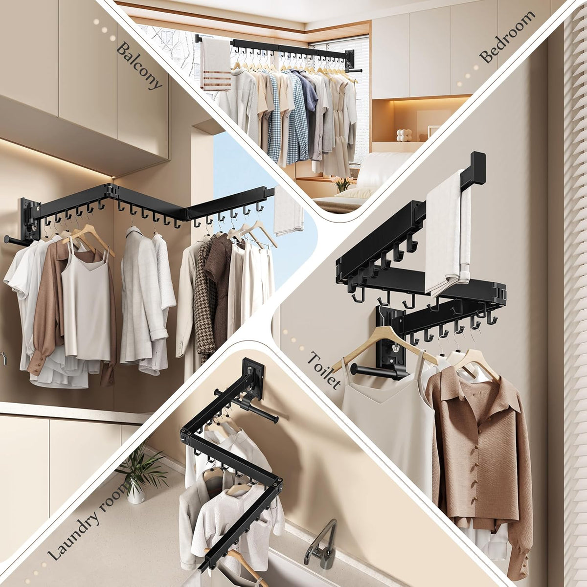 Wall Mounted Collapsible Clothes Drying Rack, Space-Saving Laundry Drying Rack Clothing Hanger, Durable Foldable Design Extends Left, Right & Up for Upgraded Versatility