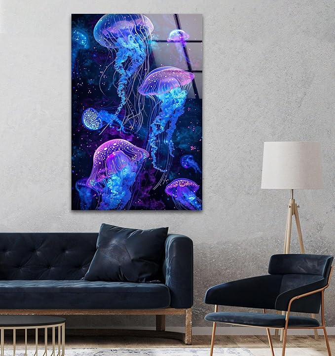 My Photostation.com 24Wx30H'' Glowing Jellyfish Glass Wall Art Tempered Glass Printing Wall Decor Large Wall Art Wall Hangings