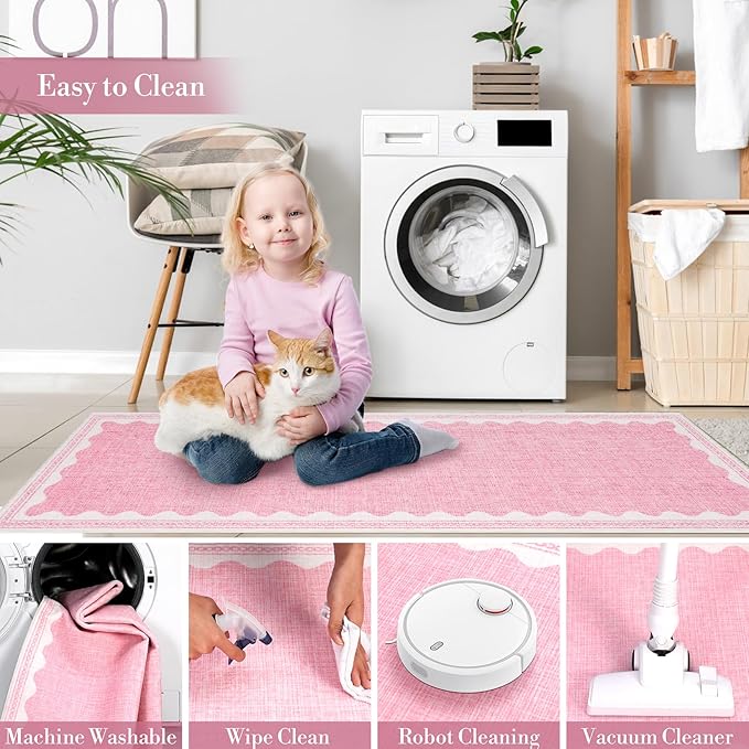 Scalloped Washable Rugs for Living Room, Solid Pink 6x9 Area Rugs for Bedroom Girls, Non Slip Scalloped Rug with Rubber Back, Soft Dorm Nursery 6x9 Rugs for Dining Room