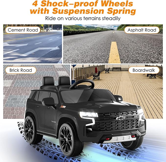 Costzon Ride on Car, 12V Licensed Chevrolet Tahoe Battery Powered Electric Vehicle w/ 2.4G Remote Control, High/Low Speed, Music, Lights, MP3/USB/FM, Spring Suspension, Electric SUV for Kids (Black)