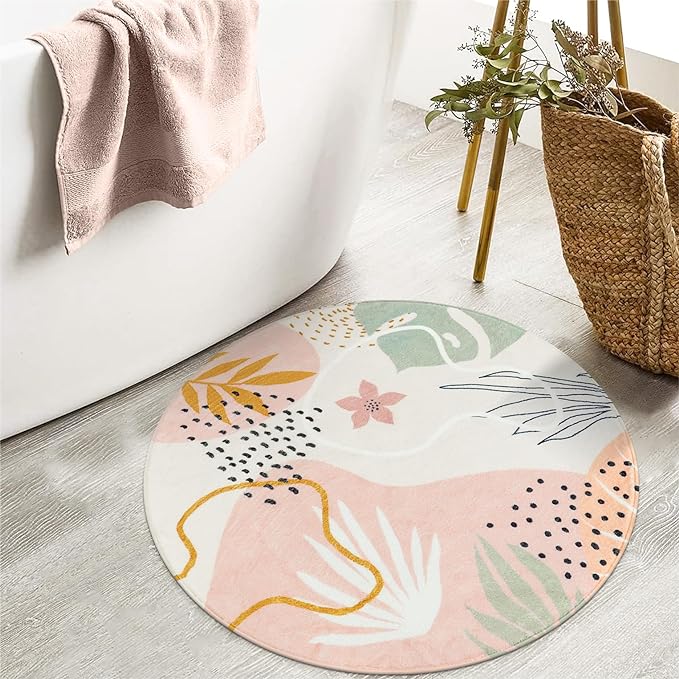 Lahome Pink Round Area Rug - 4Ft Washable Non-Slip Small Circle Boho Throw for Bedroom, Low-Pile Soft Cute Nursery Girls Room, Botanical Print Indoor for Dorm Bathroom