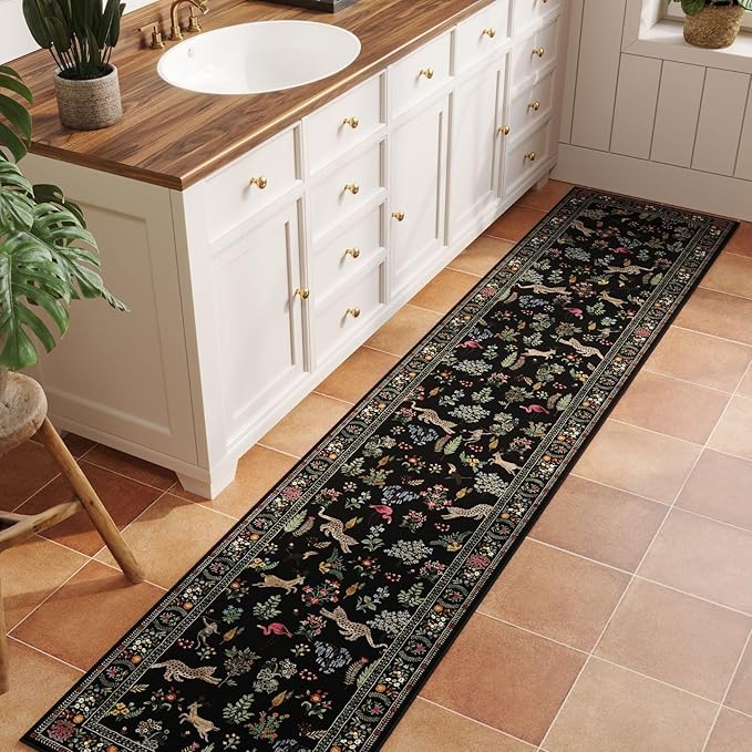 Rugcomf Runners for Kitchen Runner Rug Non Slip 2'x10' Long Washable Rugs with Rubber Backing Soft Floral Animal Carpet Runner for Kitchen, Laundry, Bedroom, Bathroom (Black)