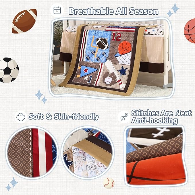 Wowelife Sports Mini Crib Bedding Set Boys Brown 3PCs Mini Crib Comforter Set Basketball Baseball Rugby Nursery Bedding Sets for Boys with Soft Comforter, Crib Skirt and 38x24 Sheet, Brown