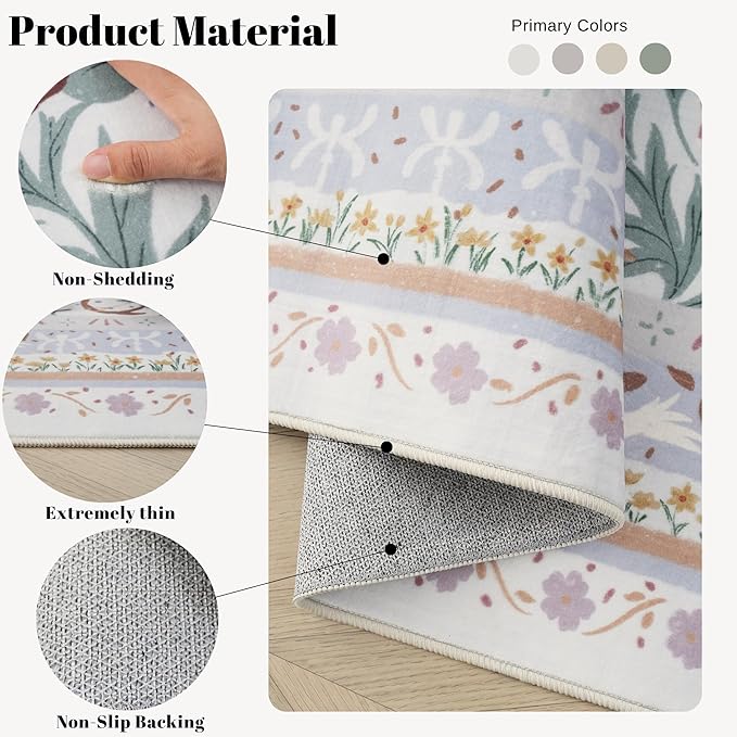Door Mat Indoor Entrance 2x3 Rug Machine Washable Vintage Floral Botanical Small Area Rug Non-Slip Low Pile Throw Rugs for Entryway, Kitchen, Front Door Entrance, Entry, Kids Room, Beige