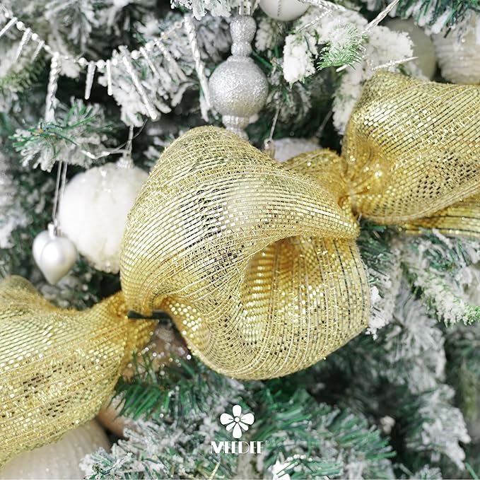 MEEDEE Champagne Deco Mesh 10 Inch Deluxe Wide Foil Metallic Mesh with Gold Tinsel Champagne Gold Mesh Ribbon for Christmas Tree, Wreaths, Garland, Gift Wrapping, Bows Making (30 Feet)