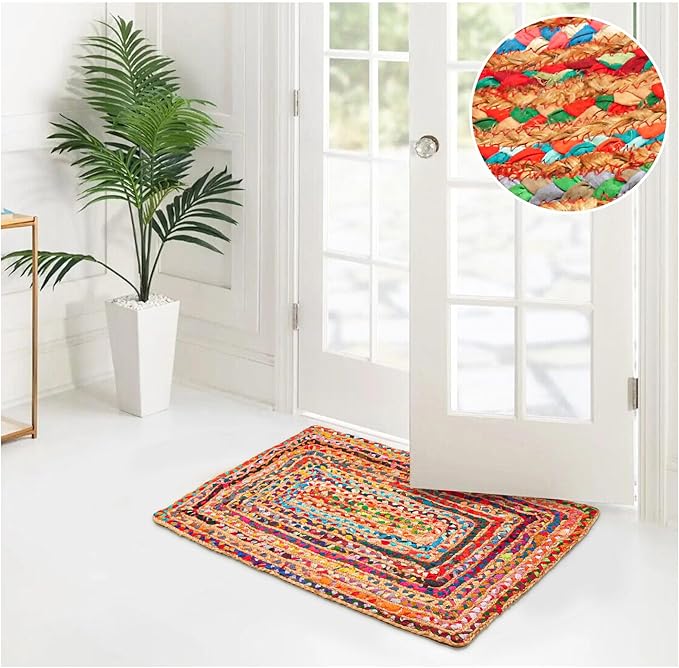 2'x3' Handwoven Jute Chindi Area Rug - Colorful Boho Rugs for Living Room - Hand Braided Multicolor Bohemian Rug for Farmhouse, Bedroom, Dining Room, Classroom, Hallway, Kitchen, Office