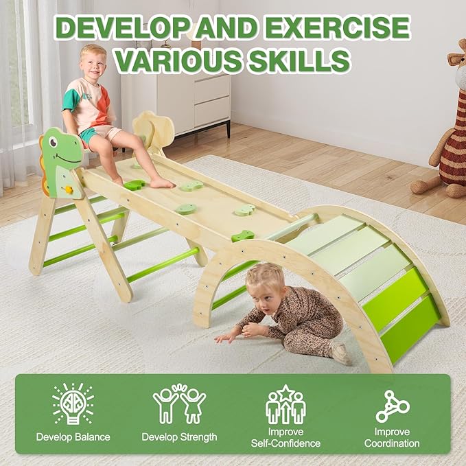 Pikler Triangle Set with Cushion, 7 in 1 Toddler Climbing Toys Indoor, Montessori Foldable Set, Wooden Climbing Toys for Toddlers Inside with Ramp, Arch and Ladder (Dinosaur)