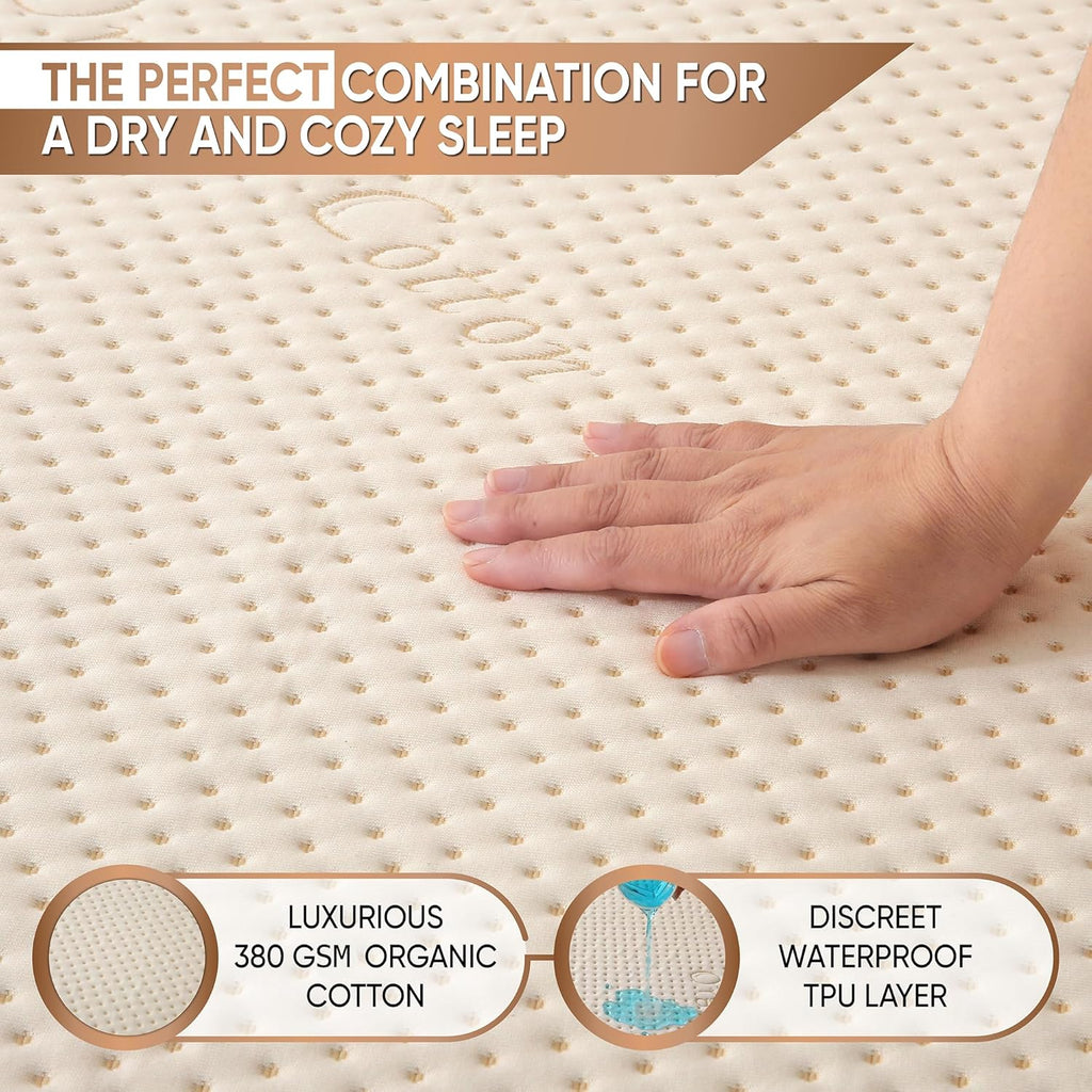 Luxury Waterproof Organic Mattress Protector King - Organic Cotton Breathable Mattress Pad Cover - New 380 GSM Comfort - Deep Pocket - Jersey Cotton Skirt - Fitted Comfort