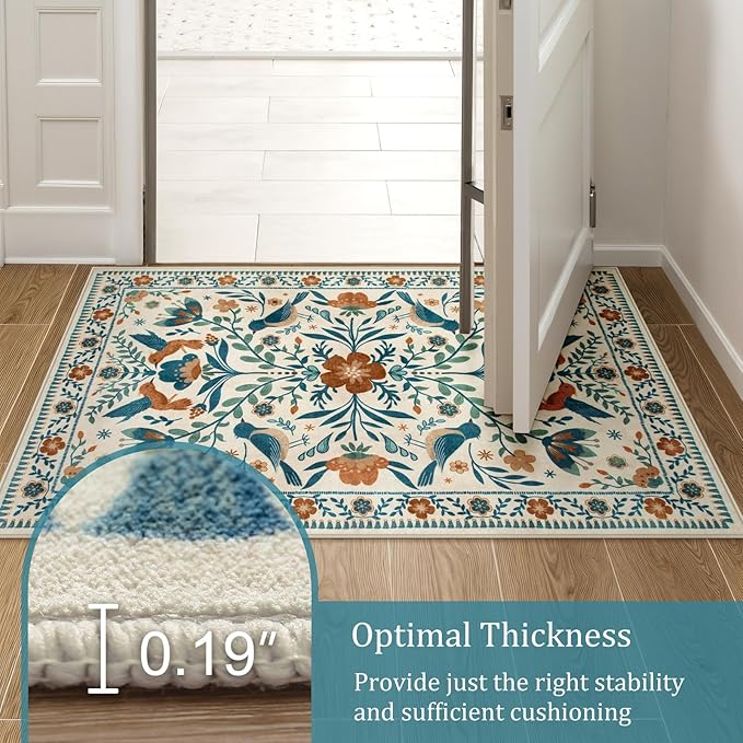 Morebes Washable Floral 8x10 Area Rugs for Living Room, Soft Insect Rug for Bedroom Non Slip, Ultra-Thin Distressed Birds Indoor Floor Throw Carpet for Classroom Playroom Farmhouse, Beige/Multi