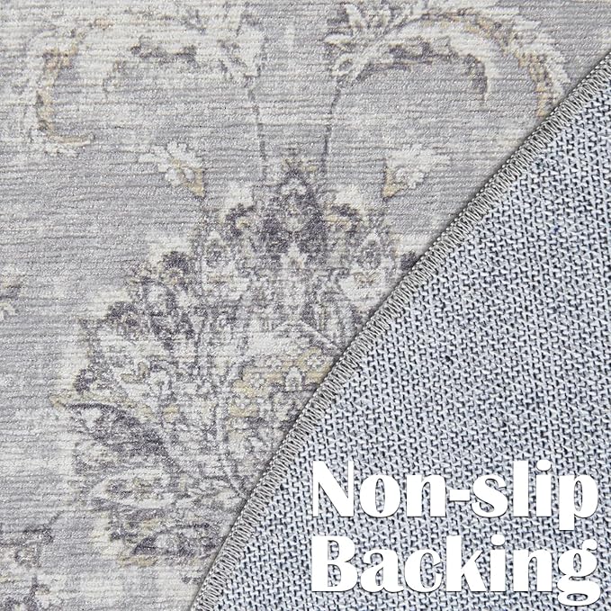jinchan Round Rug 5ft Area Rugs Vintage Floral Distressed Design - Machine Washable Non-Slip Low-Pile Ultra-Thin Circle Rug for Entryway Bedside Living Room Dining Room Bedroom (5' Round,Grey)