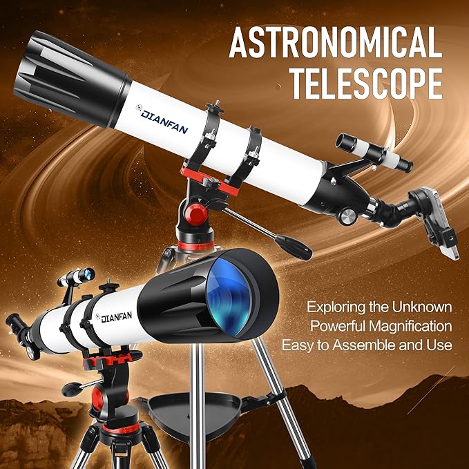 Dianfan Telescope,90mm Aperture 800mm Telescopes for Adults Astronomy,Portable Professional Refractor Telescope for Beginners,with Stainless Tripod & Phone Adapter,Carry Bag