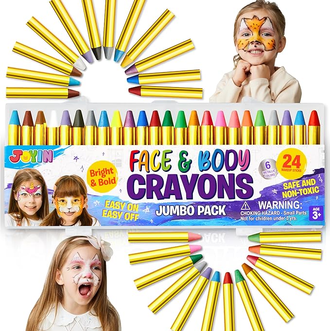 JOYIN 24 Colors Face Paint Safe & Non-Toxic Face and Body Crayons (Large Size 3 inch) Ultimate Party Pack Including 6 Metallic Colors for Birthday Toy Makeup Party Suppiles, Gifts for Kids Girls Boys