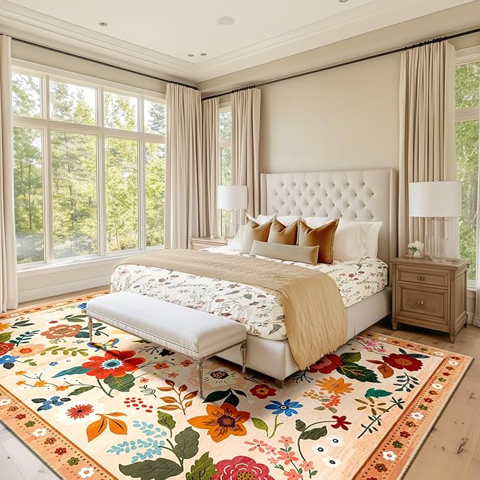 Floral 5x7 Area Rug Machine Washable Soft Print Boho Carpet Non Slip Doormat Low Pile Flower Area Rugs for Living Room Bedroom Nursery Kitchen Dining Room Indoor-Light Orange