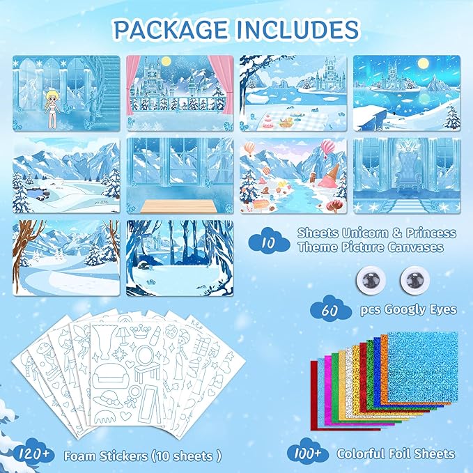 PERRYHOME Foil Arts & Crafts for Kids-DIY Frozen Fun Foil Art Kit Toys,Mess Free Coloring,Kids Car Airplane Travel Activities Toys,Birthday Christmas Gifts for Girls Children Toddler Ages 4-9