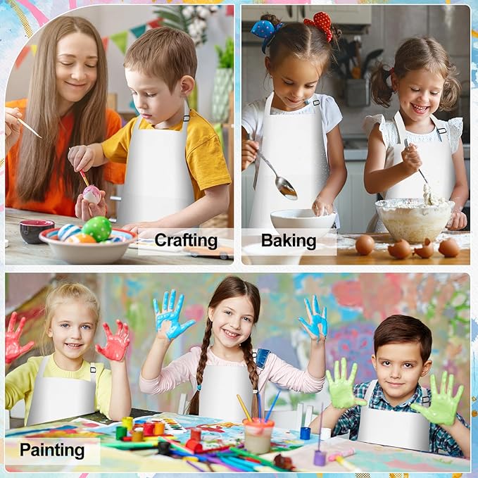 PLULON 12 Pcs Kids Apron Bulk Adjustable White Chef Apron with 2 Pockets Painting Aprons for Kids Cooking Baking Crafts (White)
