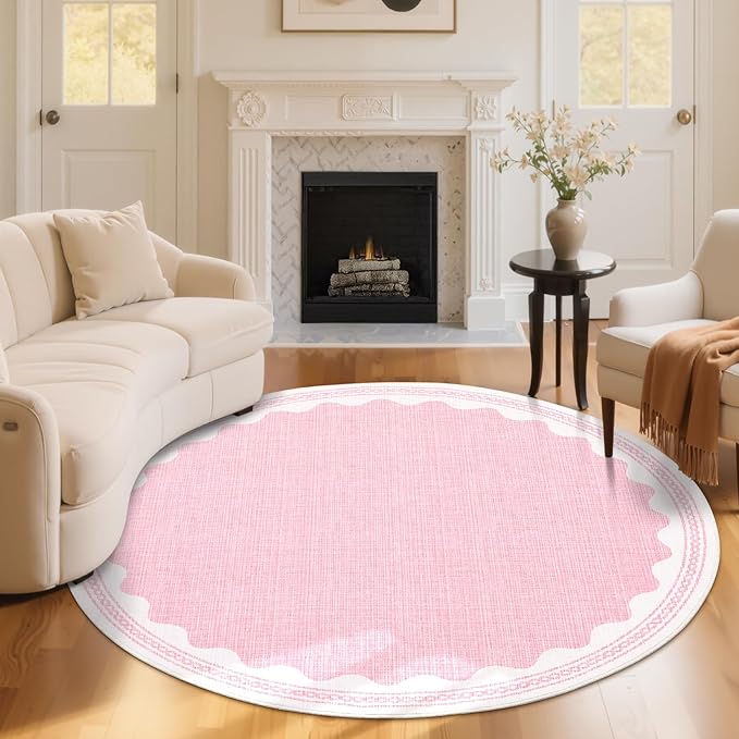 Scalloped Round Rug 6ft, Small Area Rugs Solid Pink Rug for Bedroom Girls, Washable Rugs for Living Room, Non Slip Scalloped Round Bath Mat, Soft Dorm Nursery Carpet for Bedside