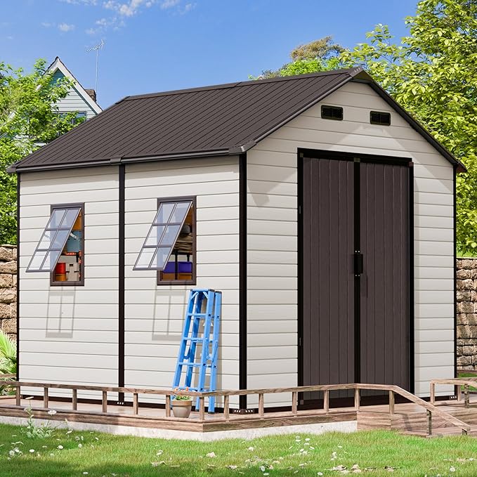 CDCASA Outdoor Storage Shed 8x8 FT, Waterproof Resin Garden Sheds Plastic Patio Outdoor Outside Storage with Floor, Adjustable Openable Windows, Lockable Door for Tool, Bike, Garbage Can
