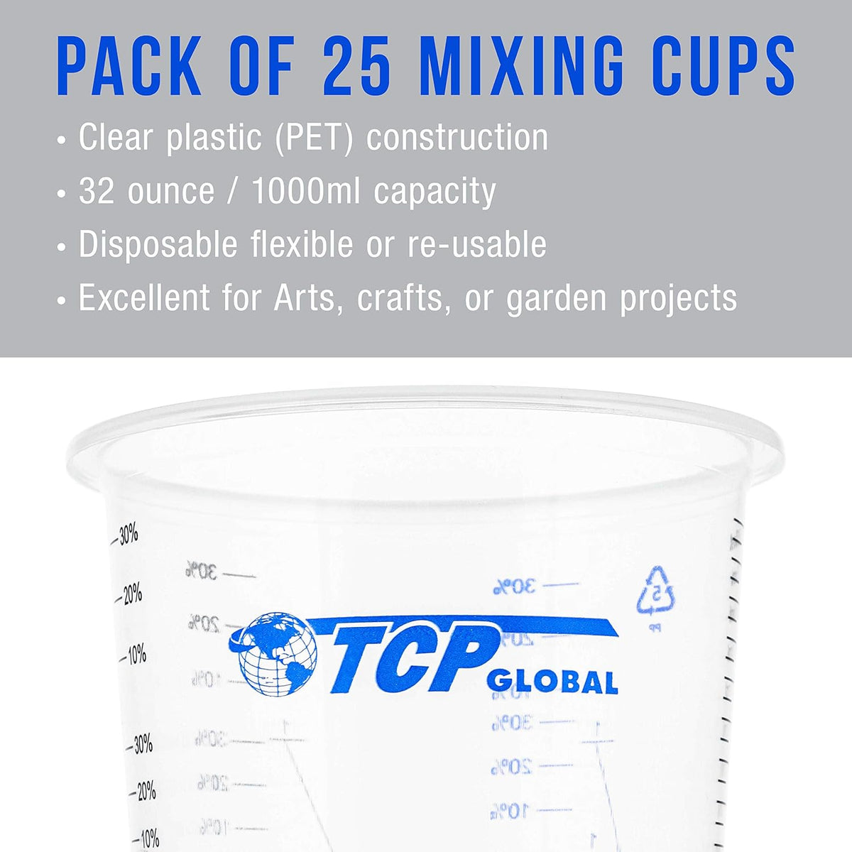 TCP Global 32 oz. (1000ml) Graduated Plastic Mixing Cups (Box of 25) - Disposable Plastic Measuring Cups for Liquids, Paints, Resin, Epoxy, Art, Kitchen - Ratios 2-1, 3-1, 4-1 ML