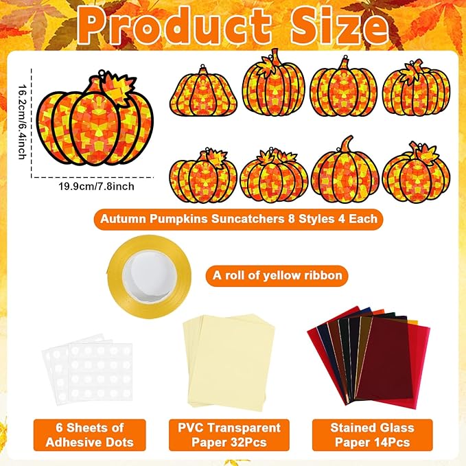 32 Sets Pumpkin Suncatchers Craft Kit DIY Window Stained Glass Effect Fall Pumpkin Paper Crafts Home School Classroom Autumn Thanksgiving Decor Kid Birthday Gift Creative Art Project Activity Game