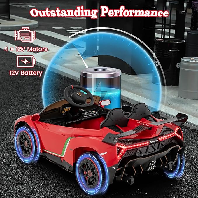Costzon Ride on Car, Lamborghini Licensed 12V Battery Powered 4WD Sports Car with Remote Control, 3 Speeds, Hydraulic Doors, LED Lights, Towing Wheel, Horn, Music, Electric Vehicle for Kids Aged 3-8