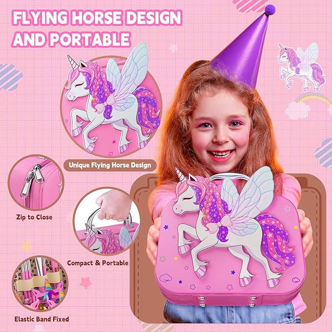 Kids Makeup Kit for Girl - Girls Makeup Kit Toys with Flying Horse Storage Case, Kids Play Makeup Set for Christmas Birthday Gift 3-12 Years Old