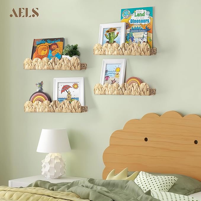 AELS Scalloped Nursery Bookshelf, Set of 4, Picture Ledge Shelf for Wall Decor, Woven Natural Water Hyacinth Floating Shelves for Books, Toys, Photo Frames, Nursery, Boho Modern Farmhouse Book Shelf