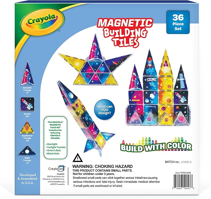 CreateOn Crayola Cosmic Magnetic Tiles, Building Set for Kids, Magnetic Building Toys for Kids, STEM Learning Toys for Boys and Girls Ages 3 and Up - 36-Pieces (Cosmic)