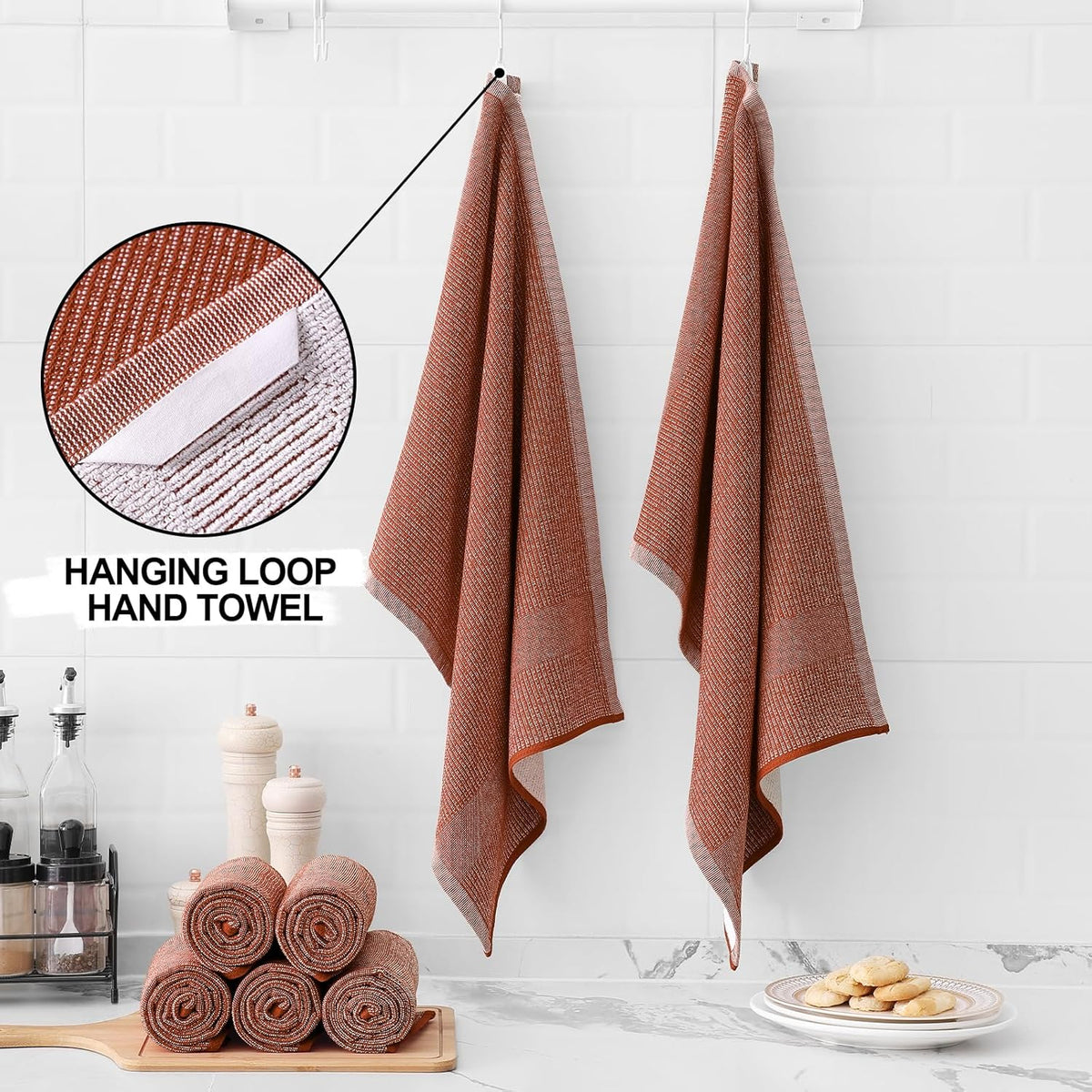 Homaxy Premium Kitchen Towels(18”x 28”, 12 Pack), Large Cotton Kitchen Hand Towels, Flat and Terry Dish Towels, 380 GSM Highly Absorbent Tea Towel Set with Hanging Loop, Rust