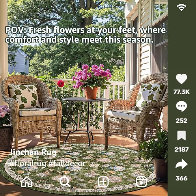 jinchan 7ft Floral Round Rug for Dining Room Washable Living Room Rug Vintage Romance Design Non Slip Indoor Floor Cover Lightweight Low-Profile Throw Carpet for Bedroom Porch Patio, Green