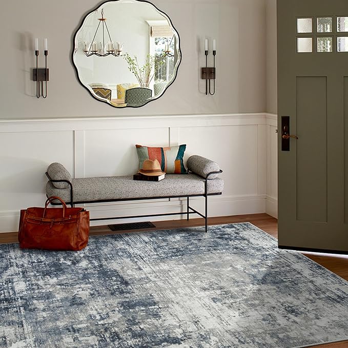 4x6 Area Rugs for Living Room Rug Washable: Modern Large Rug for Dining Room Bedroom Carpet Non Slip Low Pile 4 by 6 Indoor Abstract Nursery Home Office Blue Grey