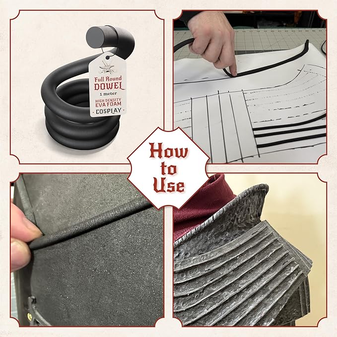 The Foamory's No Waste Full Round EVA Foam Dowel. 5-40mm x 1M High-Density Black Craft Foam Stick. Pre-Cut for Quick Cosplay Armor Trim, Weapon Enhancement and Costumes. Time Saving, Paint-Ready Bevel