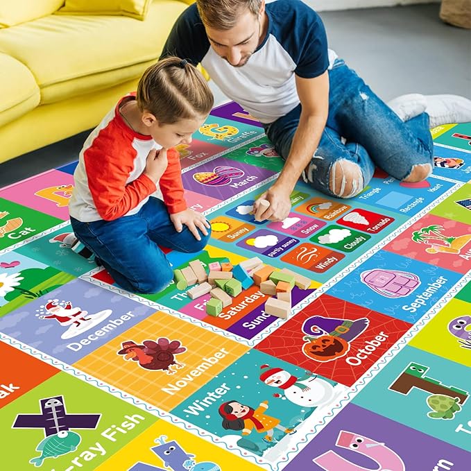 Kids Rug for Playroom, Kids Baby Playmat with Alphabet, Month, Weather, Week and Shapes ABC Educational Rug, Play Mat Carpet for Bedroom Classroom (110.2X78.7 INCH, Weather)