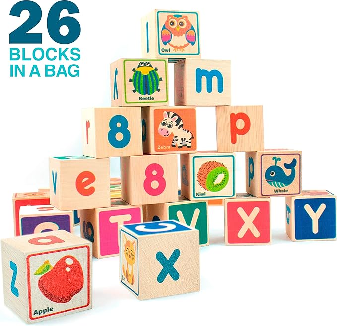 QUOKKA Wooden Blocks for Toddlers 1-3 - 26 ABC Learning Baby Blocks for Kids 3-5 Year Olds Stacking Alphabet Wood Toys for 2-4 yo - Educational with Letters Numbers