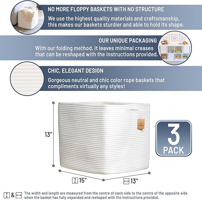 NaturalCozy 13x15x13 Kallax Storage Cubes, 3 Pack | Cotton Rope Cube Storage Bins Woven Baskets for Organizing | Kallax Insert Baskets for Shelves Organizer, Kids Toy, Pantry, Closet, Baby Nursery