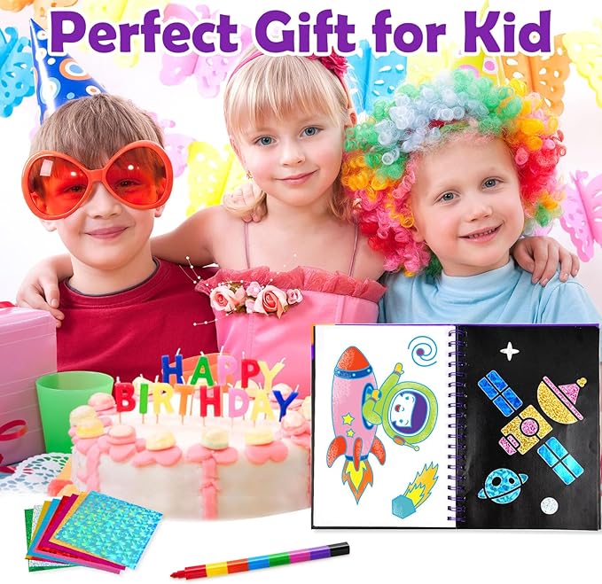 FUNNYB&G Foil Art Craft Activity for Kids - Gift for Boys Crafts for Kids Fun Art Supplies DIY Creative Travel Toy, Birthday Gift Party Favor Toys for Girls Boys 4 5 6 7 8 9 Years Old (Space)