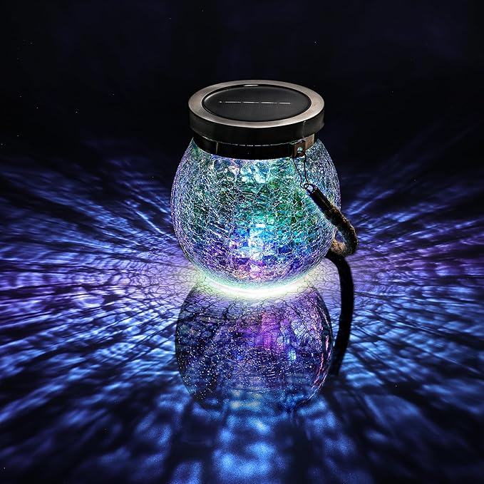 Cooo 4 Pack Solar Lantern Outdoor Waterproof Iridescent Crackle Glass with 215% Larger Solar Panel, Stainless Steel Lid – Rainbow Glass Hanging Light with Cool White LED for Garden Patio Table