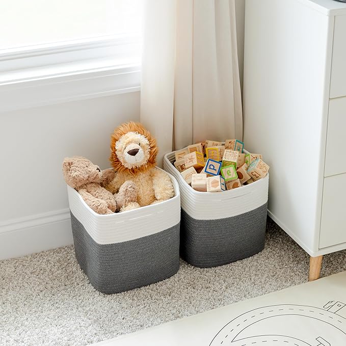 NaturalCozy Storage Cubes 11 Inch Cotton Rope Woven Baskets for Organizing, 3-Pack | Cube Storage Bin | Square Storage Baskets for Shelves Organizer, Classroom, Kids Toy Bins, Closet, Baby Nursery