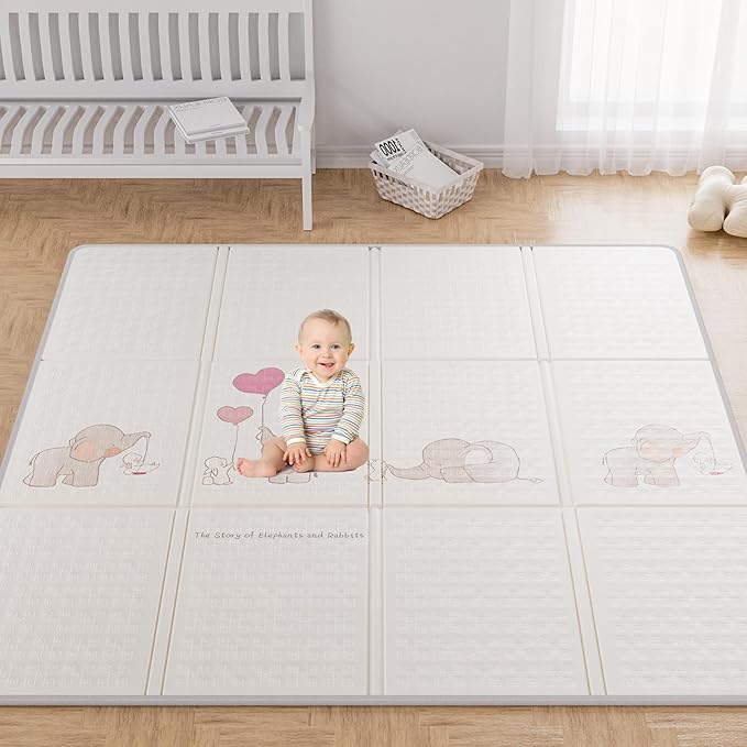 Baby Play Mat, 59x59 Inch Foldable Play Mats for Babies and Toddlers, Waterproof & Anti-Slip Reversible Portable Baby Floor Crawling Mat Foam Playmat for Tummy Time
