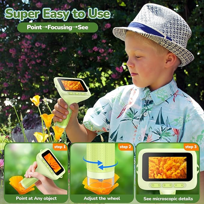 3.0" Screen Digital Microscope for Kids: 1000X Rechargeable Mini Pocket Portable Miniscope Magnifying Glass 4K Coin Jewelry Loupe Edu Science STEM Toy Xmas Gift 4-12 Boys Girls