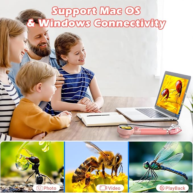 2 in 1 Kids Microscope with Bug Catcher,HD 500X Digital Microscope for Kids with 2" Screen,Photo and Video,STEM Educational Science Kit Learning Toys for Age 3-12 Girls & Boys Birthday Gifts (Pink)