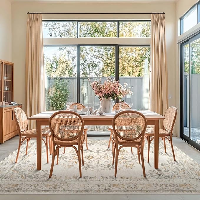 jinchan Vintage Floral 8x10 Area Rugs for Living Room - Machine Washable Distressed Design Soft Throw Rug Thin Non-Slip Large Carpet for Bedroom Nursery Dining Room Home Office (8x10ft,Light Grey)