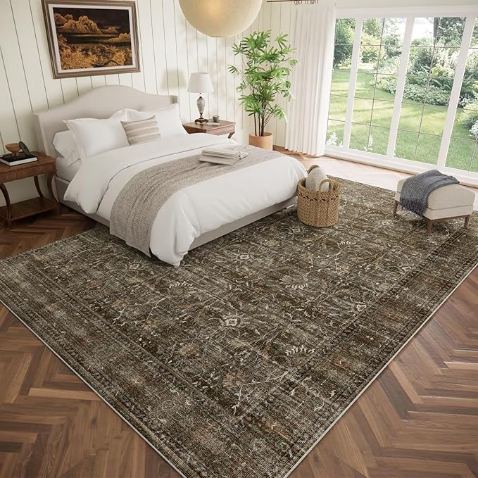 Washable 10x14 Area Rugs for Living Room, Boho Non-Slip Silicone Backing Rugs for Bedroom Dining Room Office, 0.3" Neutral Oriental Throw Carpet with 0.16" Cushioning Pad, Deep Brown/Multi
