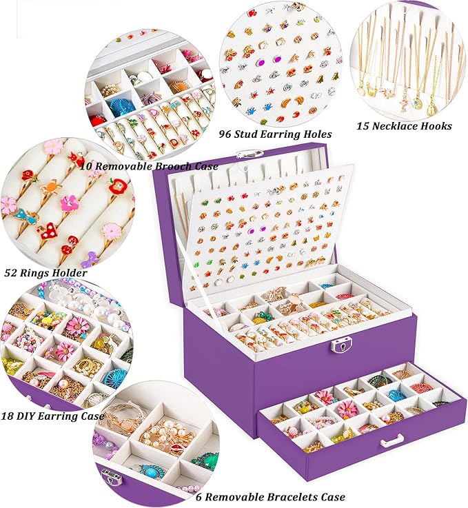 Earrings Jewelry Box for Girls, 5 Layers Jewelry Organizer with Earring Holder Organizer for Girls Earring Organizer Jewelry Boxes for Women Earrings and Necklaces Jewelry Box Organizer Purple