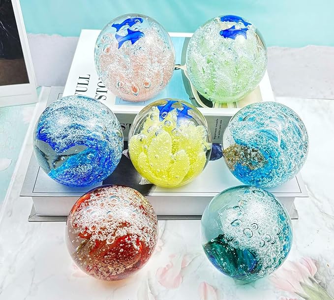 Decorative Crystal Ball Figurines Ocean Waves Paperweight Blown Glass Decor Sea Art Ocean Lovers Gift Blue Amber 3.15"