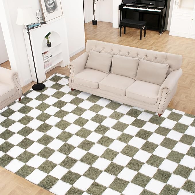 Super Soft Rug for Bedroom, 3x5 Ft Green and White Area Rug Classic Checkered Shaggy Anti-Skid High Pile Soft Fluffy Rug Fuzzy Carpet for Living Room Bedroom Kids Room Nursery, Dorm Home Decor