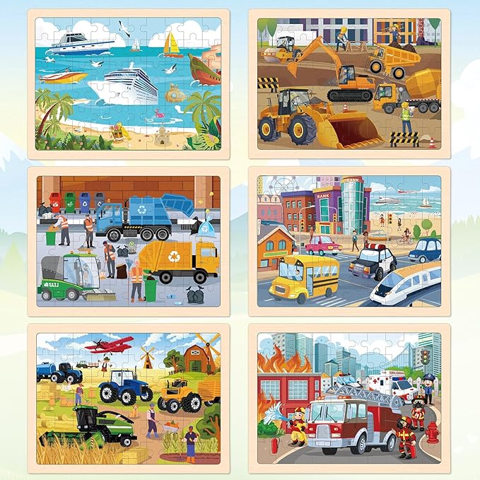 Puzzles for Kids Ages 4-6, 6 Packs 60 Pcs Wooden Jigsaw Puzzles for Kids Ages 6-8, Preschool Educational Vehicle Toys Gifts for 3 4 5 6 7 8 Boys Girls
