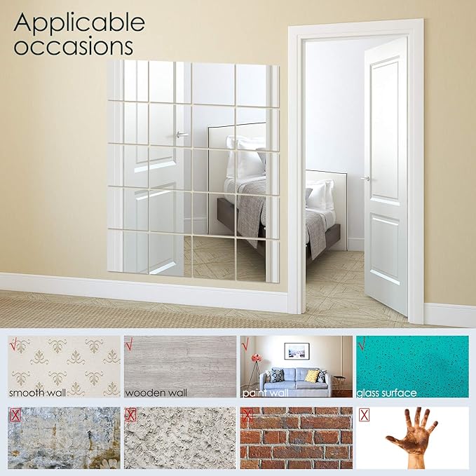 BBTO 20 Pcs Mirror Sheets, 8''x 8'' Self Adhesive Non Glass Cut to Size Mirror Stickers Tiles, Safe Unbreakable Plastic Small Frameless for Classroom, Childroom & DIY Craft