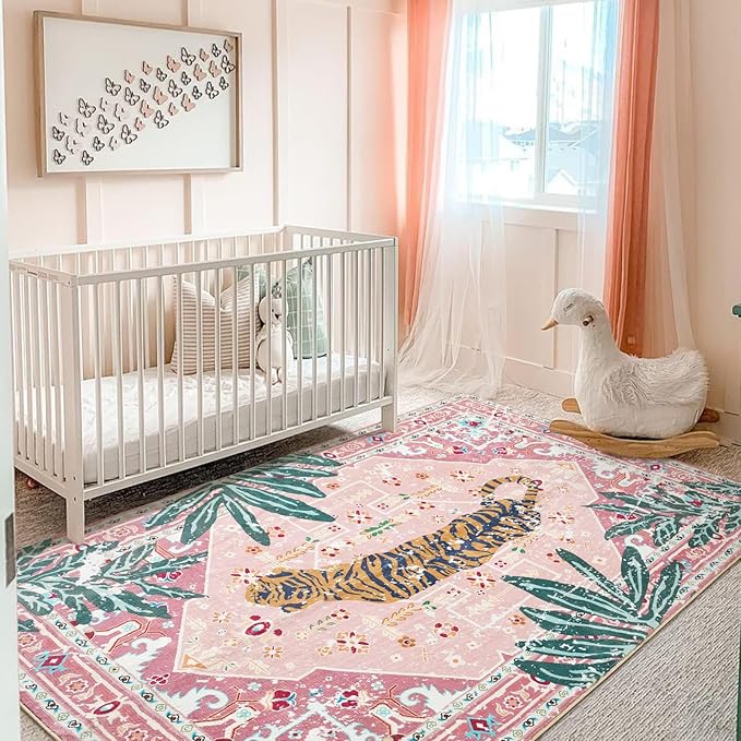 Washable Pink Rugs Boho Vintage Tropical Jungle 6x9 Area Rugs Jungle Oriental Carpet for Bedroom Kitchen Dining Living Room Office Distressed Indoor Cute Nursery Rug
